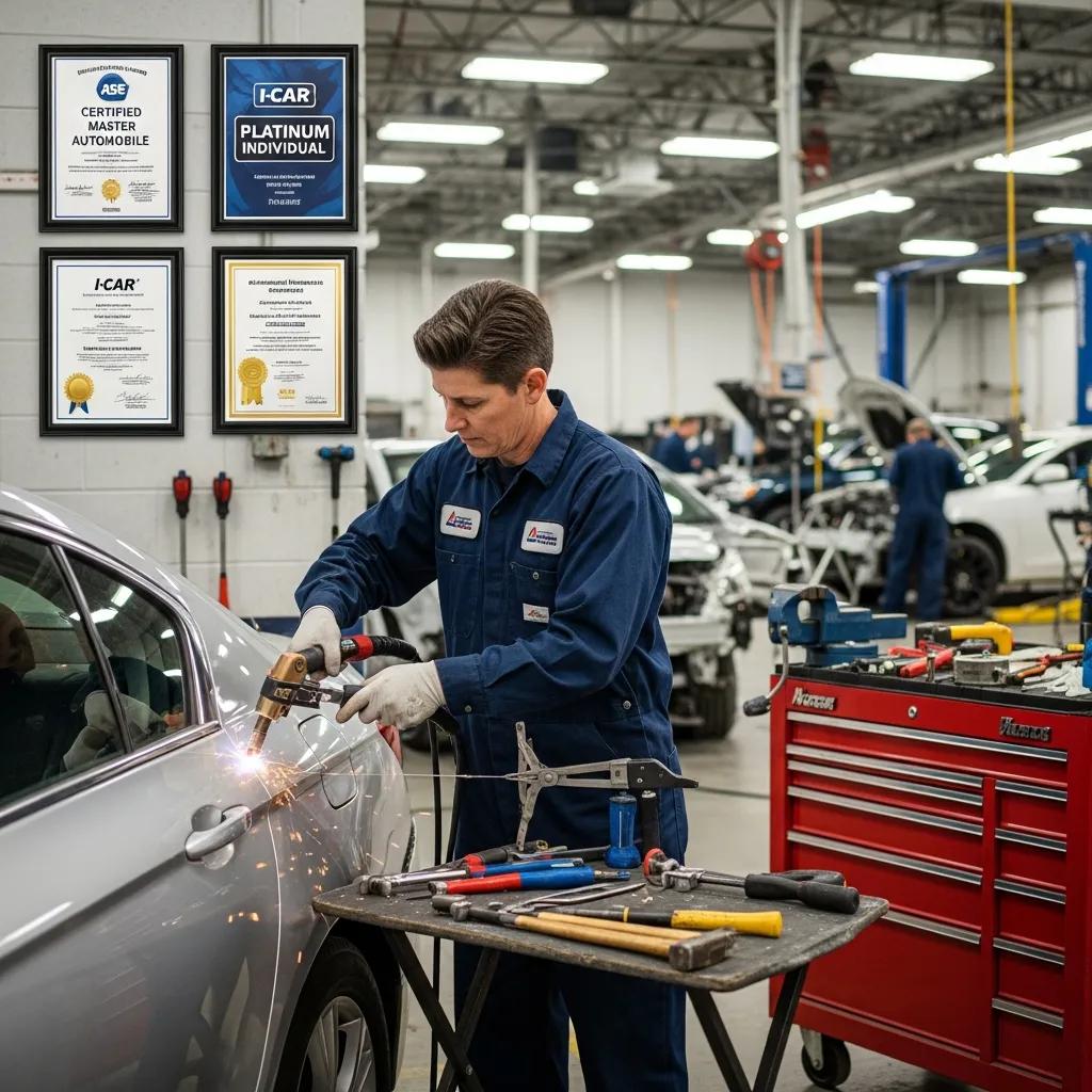 Certified technician performing collision repair on a vehicle, showcasing expertise and industry certifications, with tools and awards visible in a professional auto shop setting.
