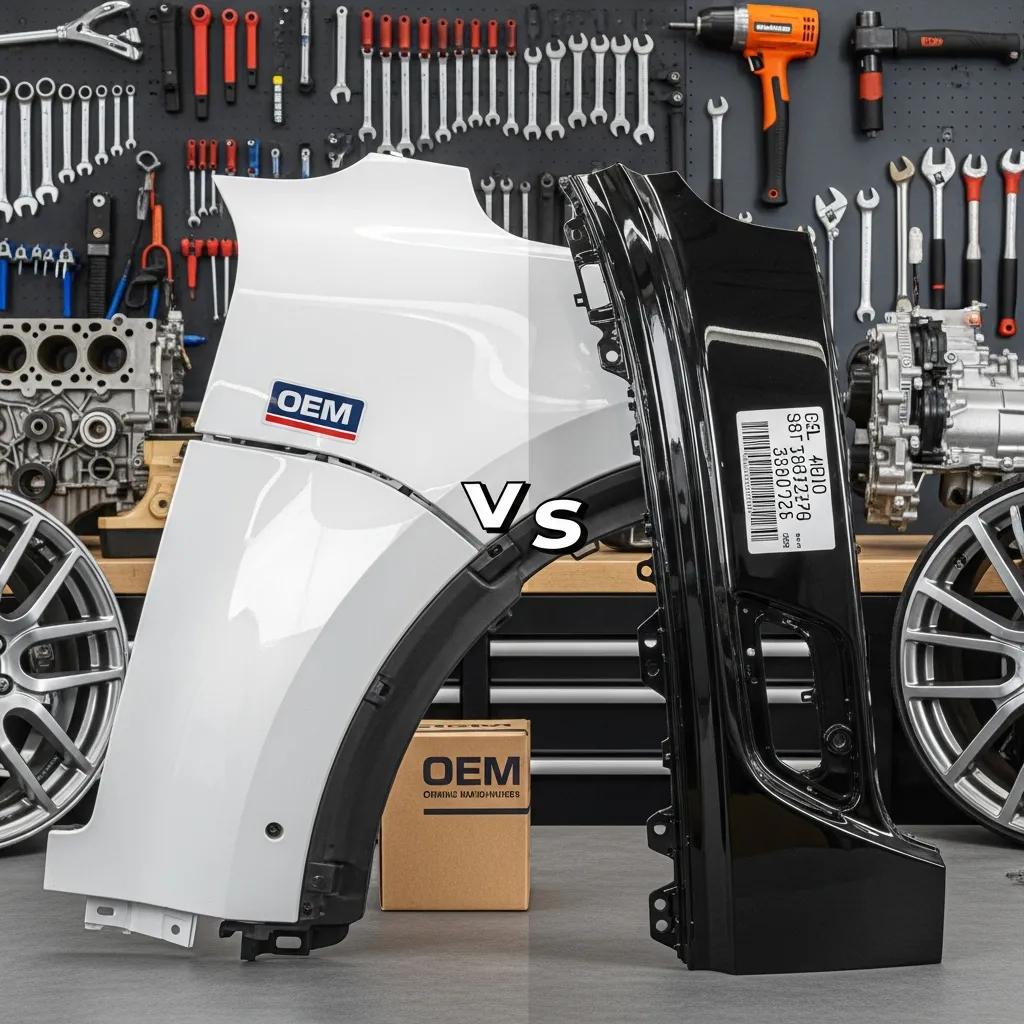 OEM and aftermarket collision parts comparison in a garage setting, showcasing a white OEM fender and a black aftermarket fender with tools and equipment in the background, highlighting key differences for informed repair decisions.