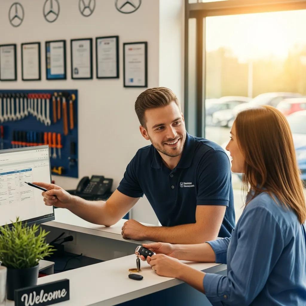 Customer service representative engaging with a customer at an auto body shop, emphasizing communication and repair selection, with a computer screen displaying information and tools in the background.