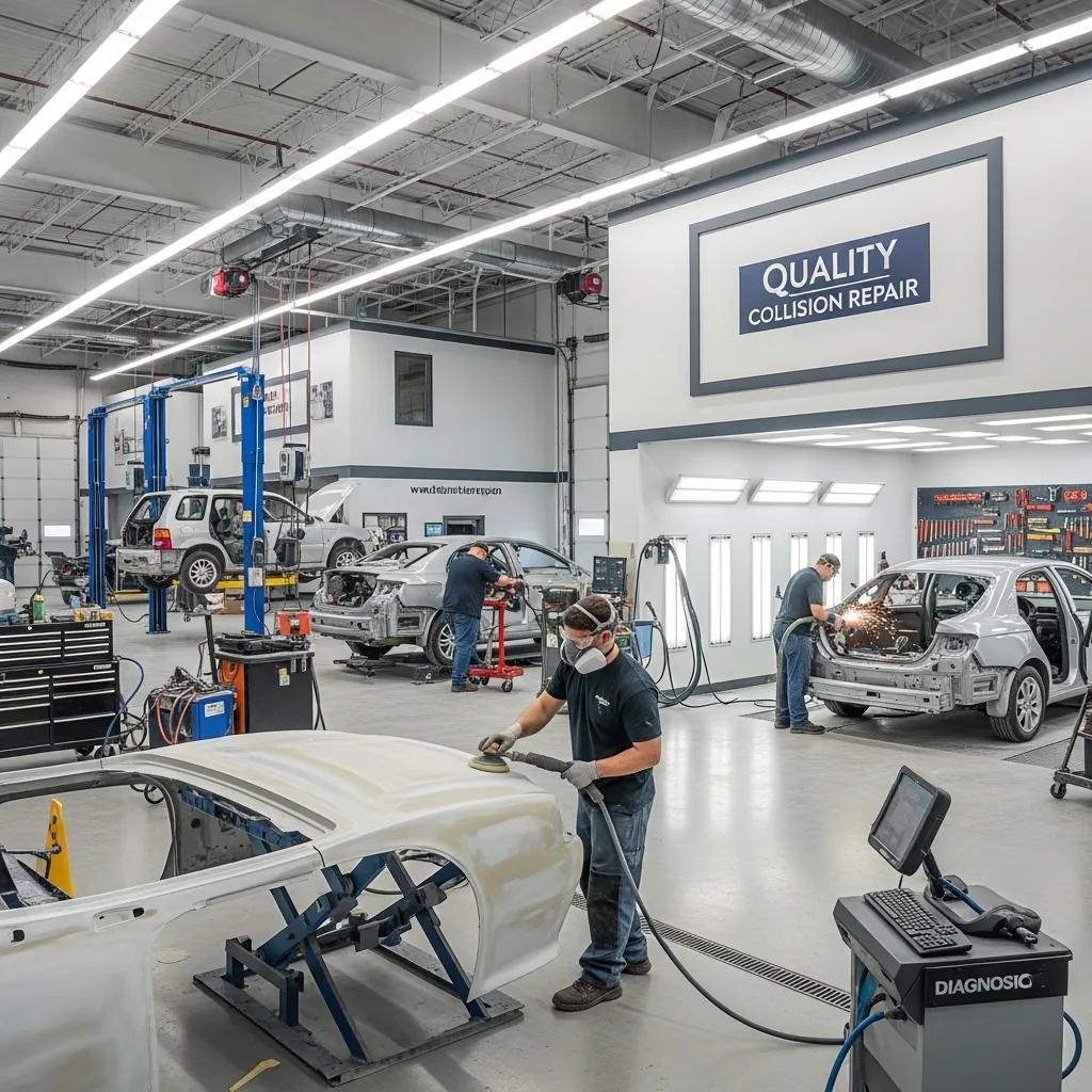 Modern auto body collision shop with technicians repairing vehicles, emphasizing quality collision repair and expertise.