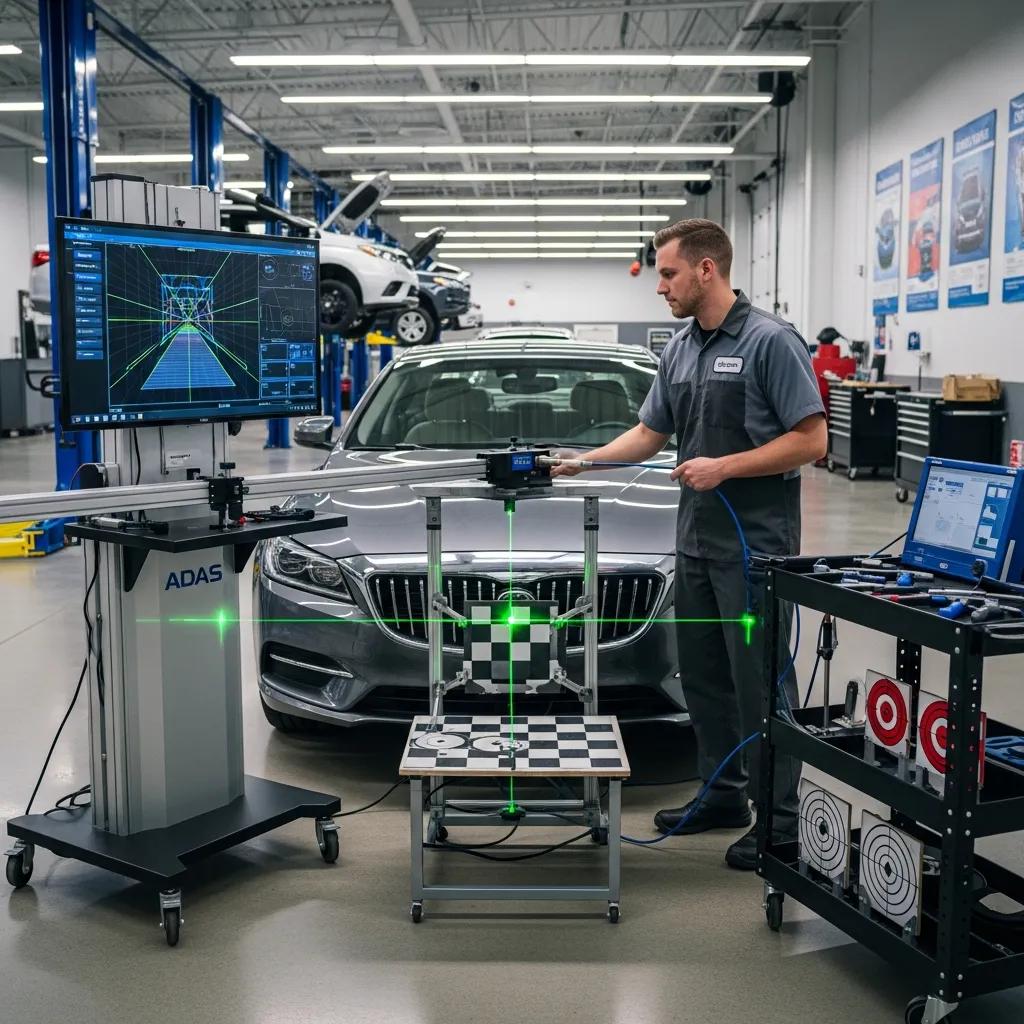Technician using ADAS calibration equipment on a vehicle in a modern collision repair shop, demonstrating precision in sensor realignment for safety systems.