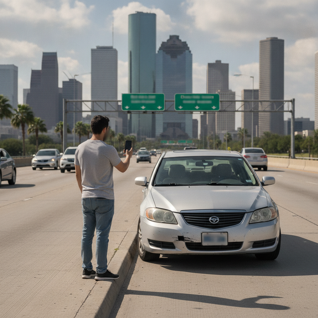 Driver photographing minor damage on a car after an accident in Houston