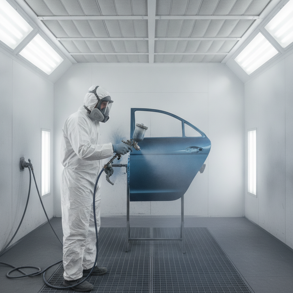Auto body painter refinishing a car panel inside a professional spray booth