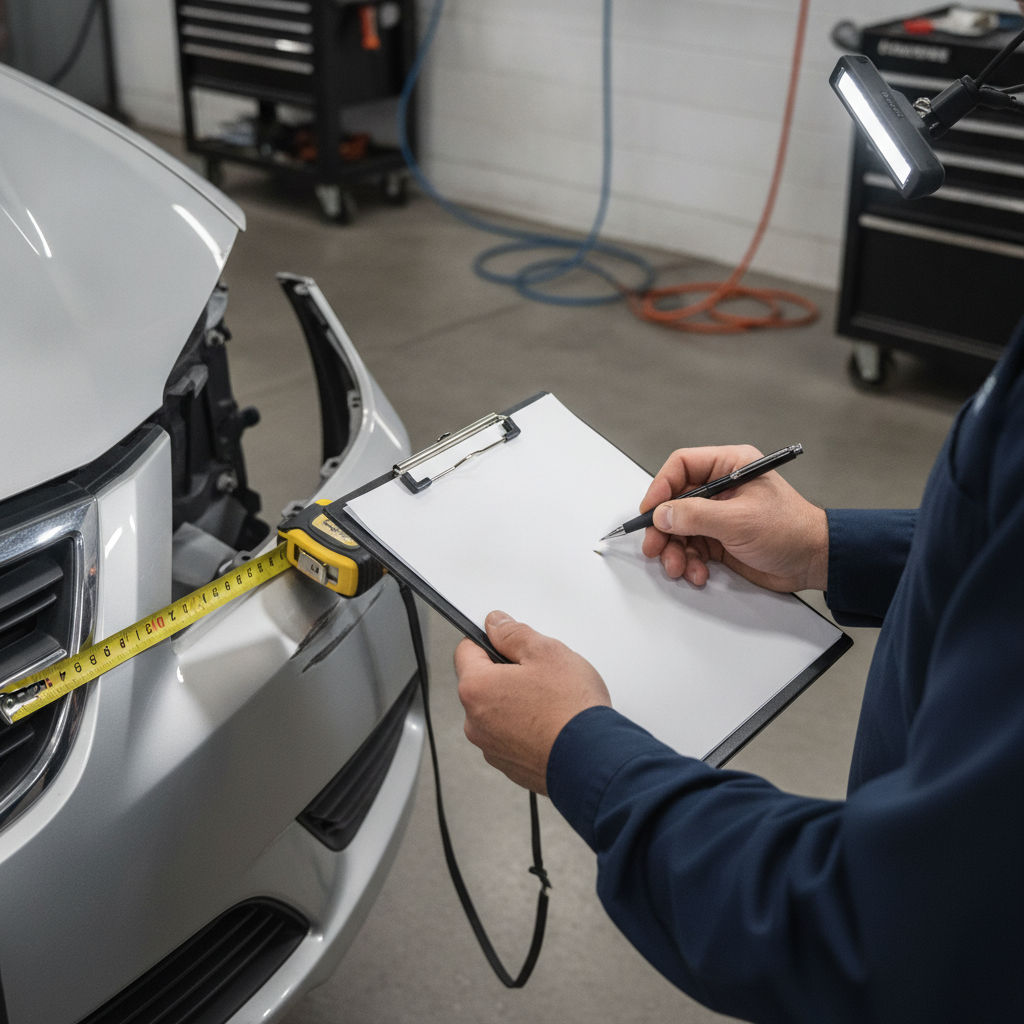 Insurance adjuster writing a collision repair estimate next to a damaged bumper