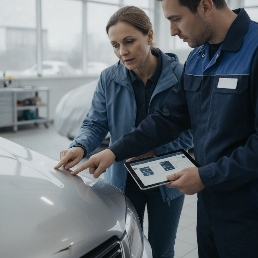 Car owner choosing a repair shop and reviewing damage with a body shop advisor