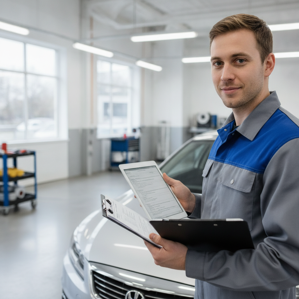 Auto body technician reviewing a collision repair estimate with a customer