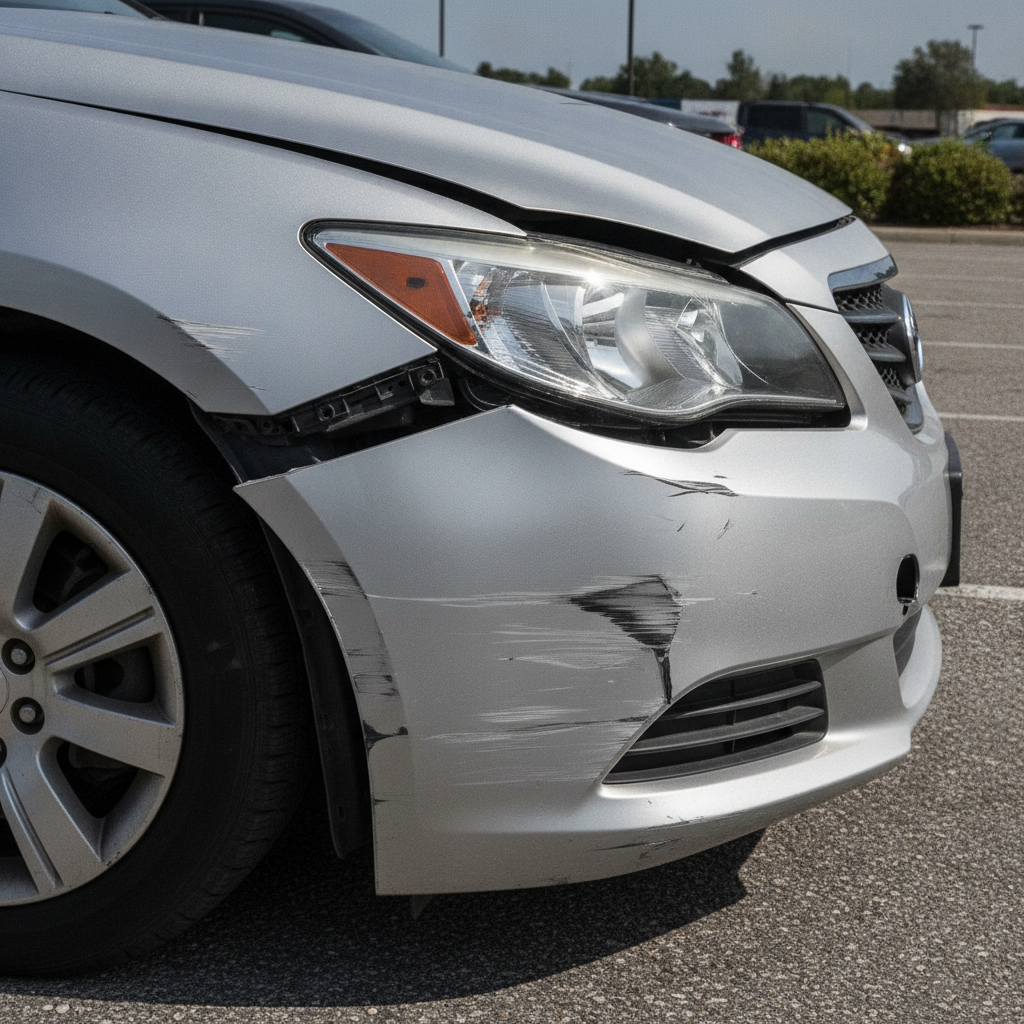 Close-up of collision damage on a car bumper and fender showing dents and scratches