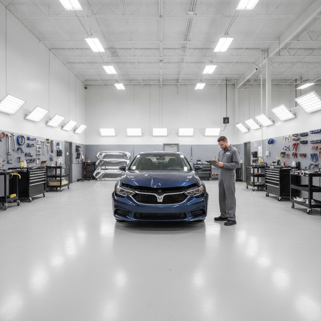 Auto body technician inspecting collision damage on a sedan in a Houston repair shop bay