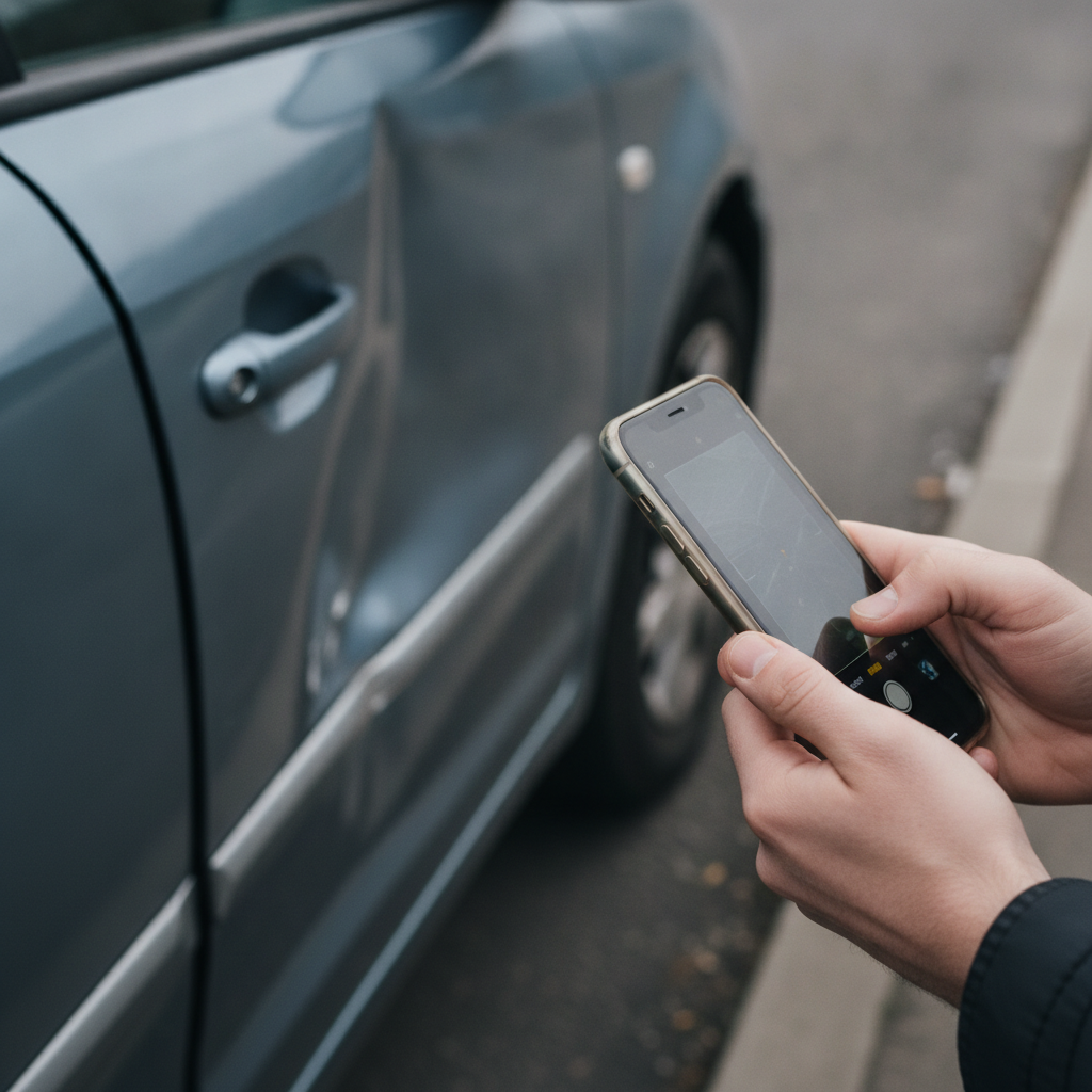 Person photographing car damage with a phone to document an accident