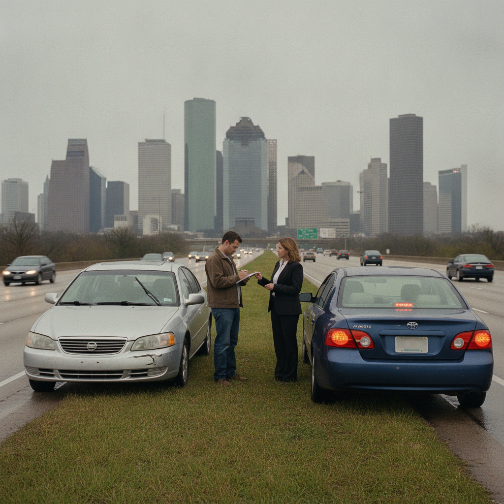 Two drivers exchanging insurance information after a car accident