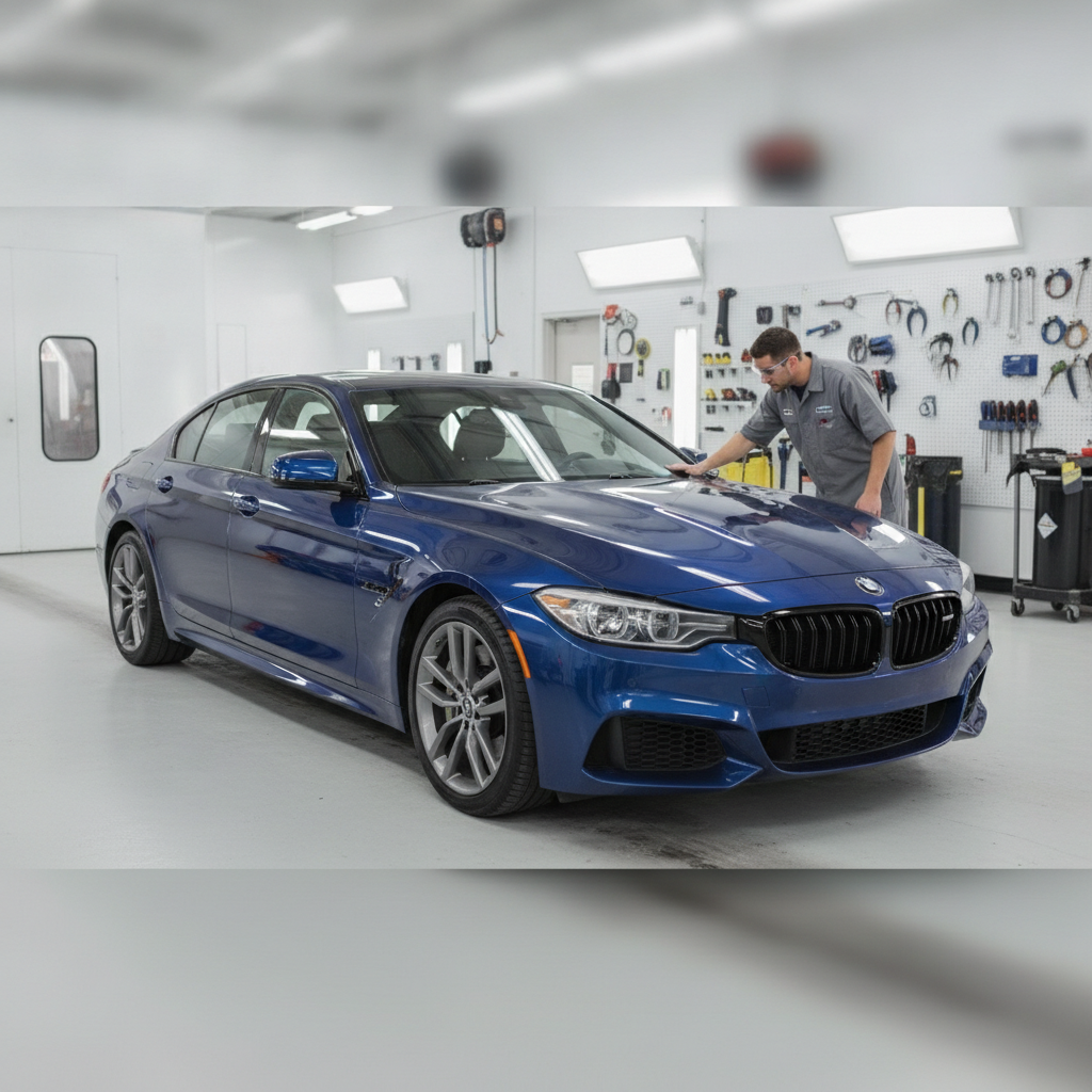 Technician inspecting a repaired body panel at a Houston auto body shop