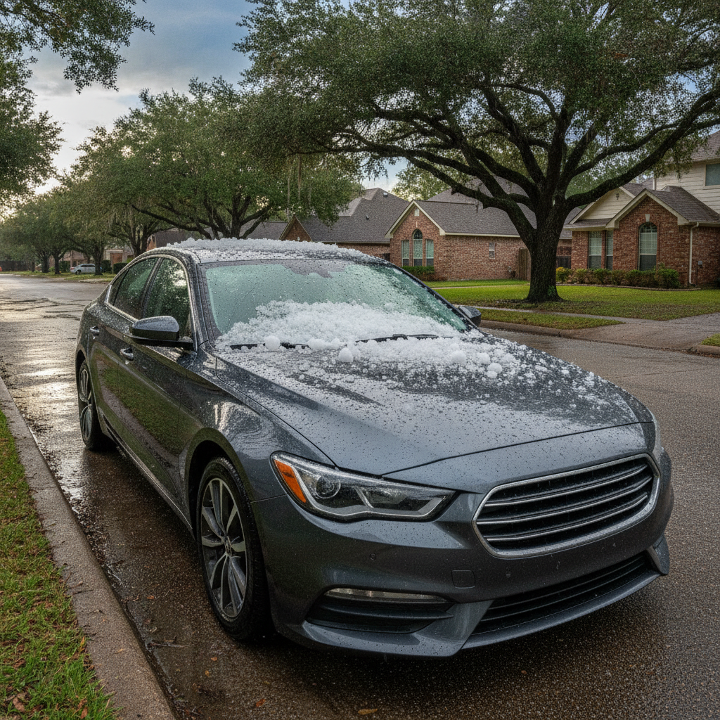 Hailstones on the hood and roof of a car after a Houston storm with visible dents