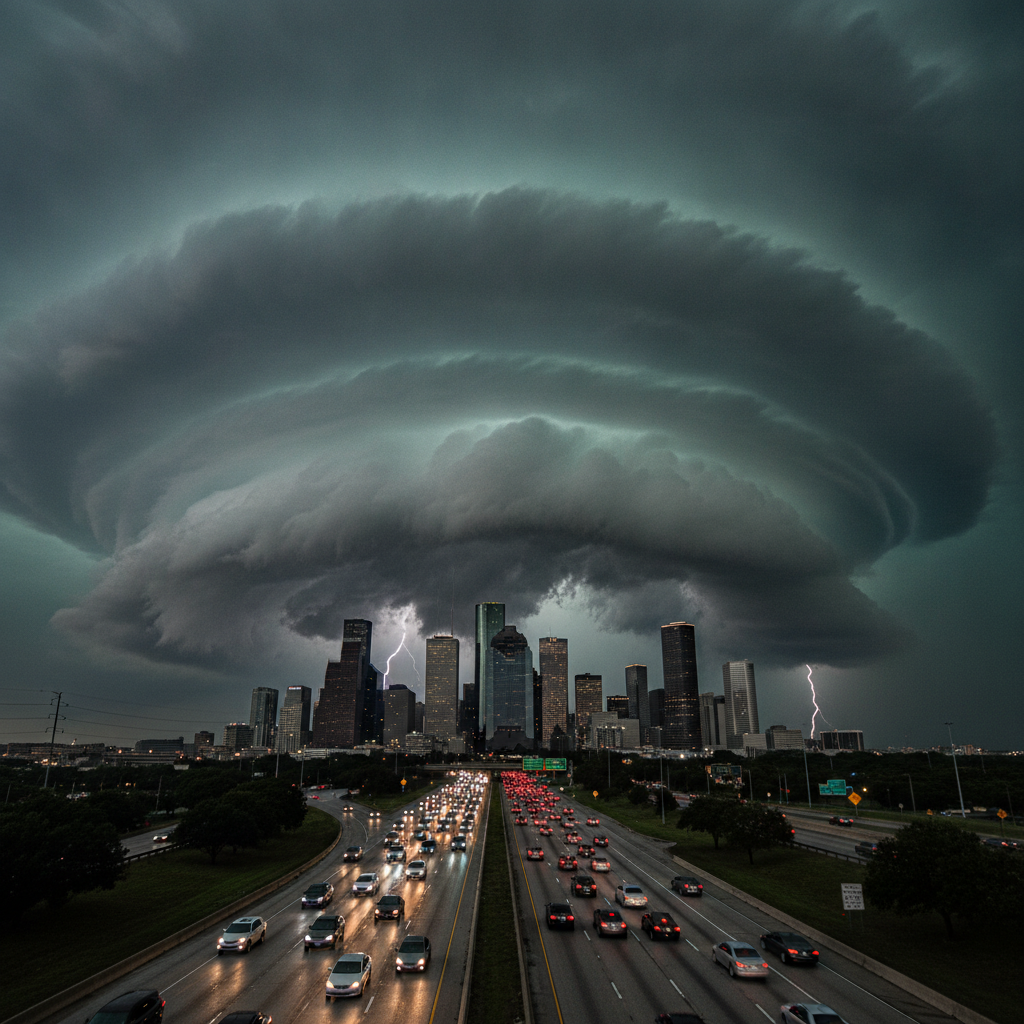 A severe storm rolling over a Houston freeway with the downtown skyline in the distance