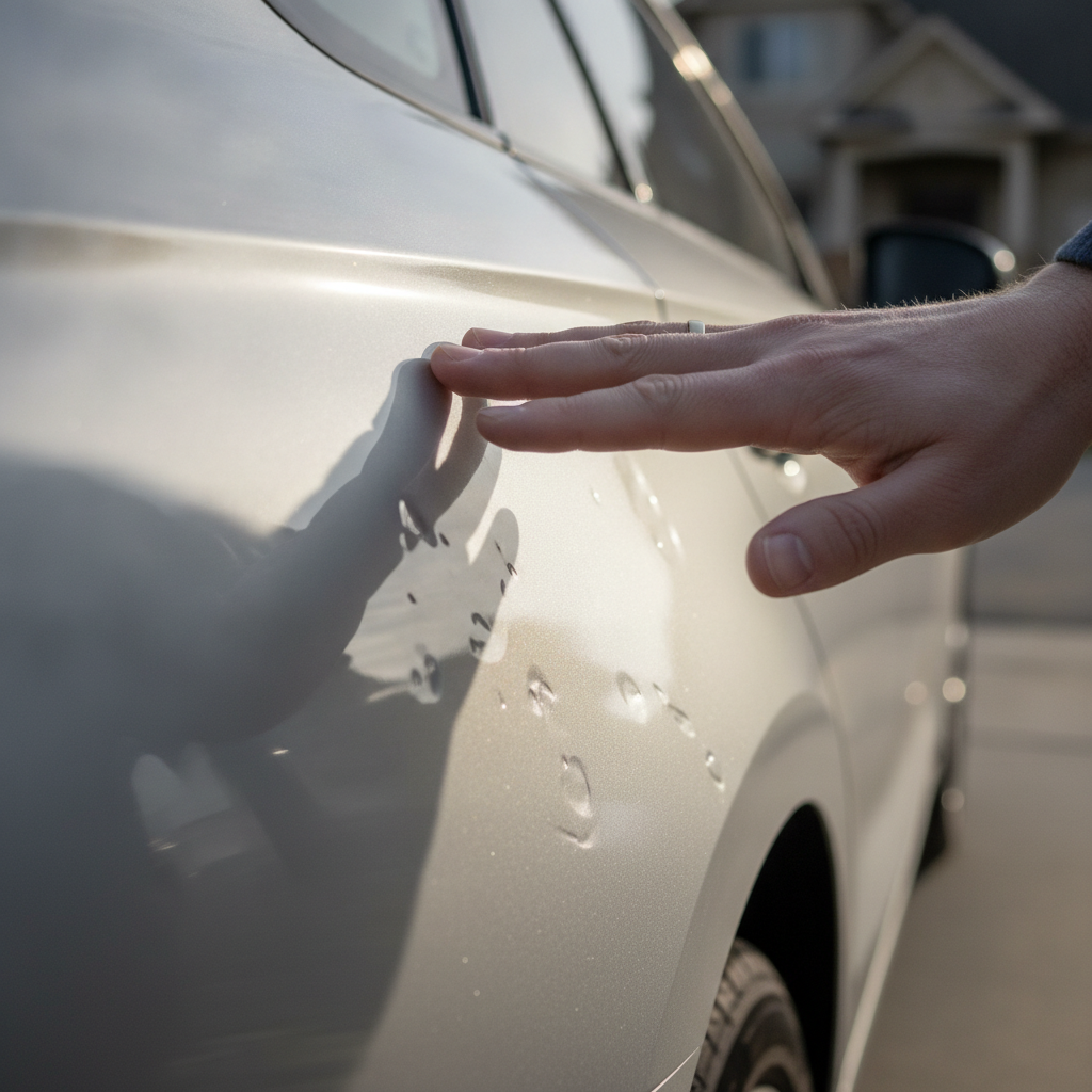 A hand inspecting a car panel in raking light to spot shallow hail dents