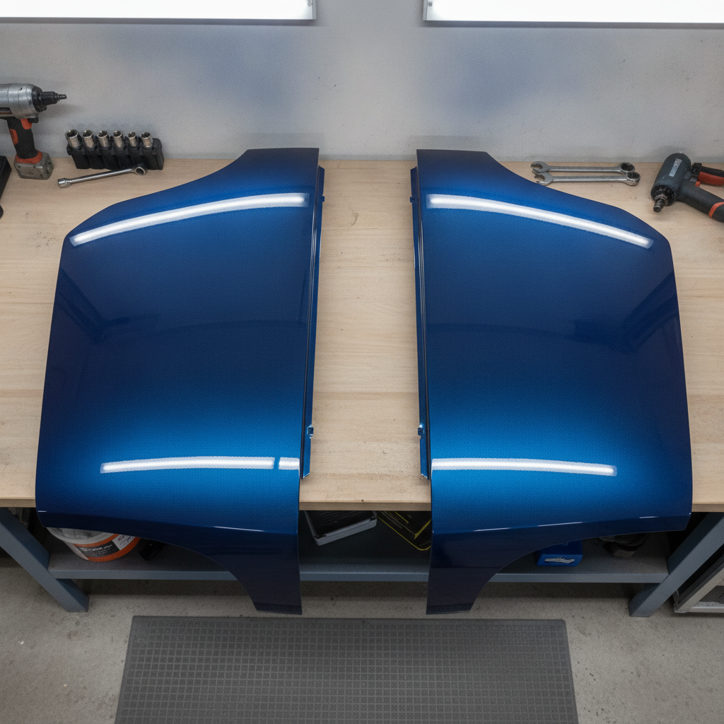 Two similar car body panels side by side on a workbench showing OEM versus aftermarket differences