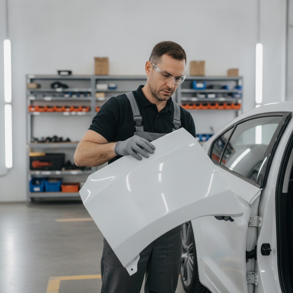 Auto body technician comparing a new replacement car body panel in a Houston collision repair shop
