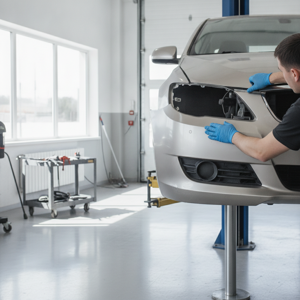 Technician checking panel gap and fit of a replacement bumper on a vehicle in a repair bay