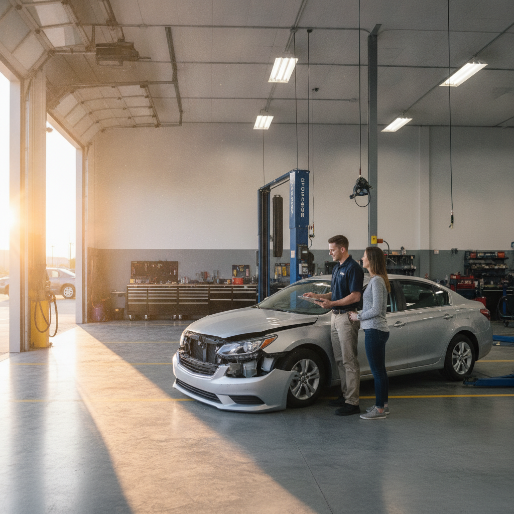 Auto body estimator reviewing collision damage with a customer at a Houston repair shop