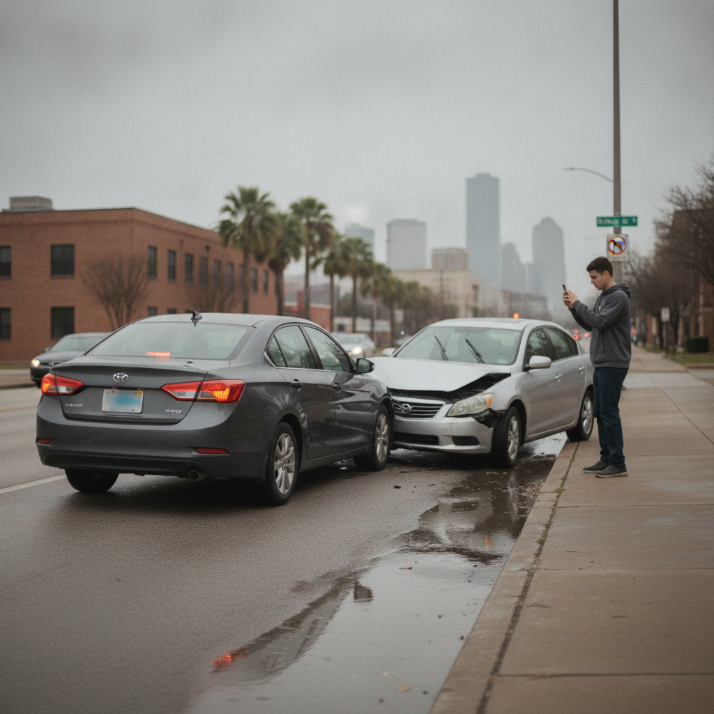 Driver safely photographing minor car accident damage on a Houston street