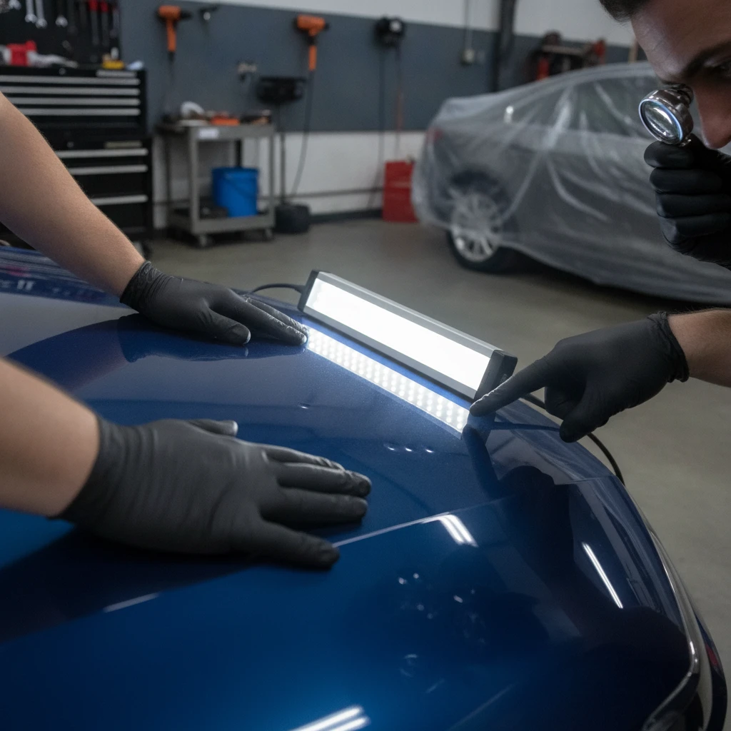how to spot hail damage on car — repair work underway at a Houston auto body shop