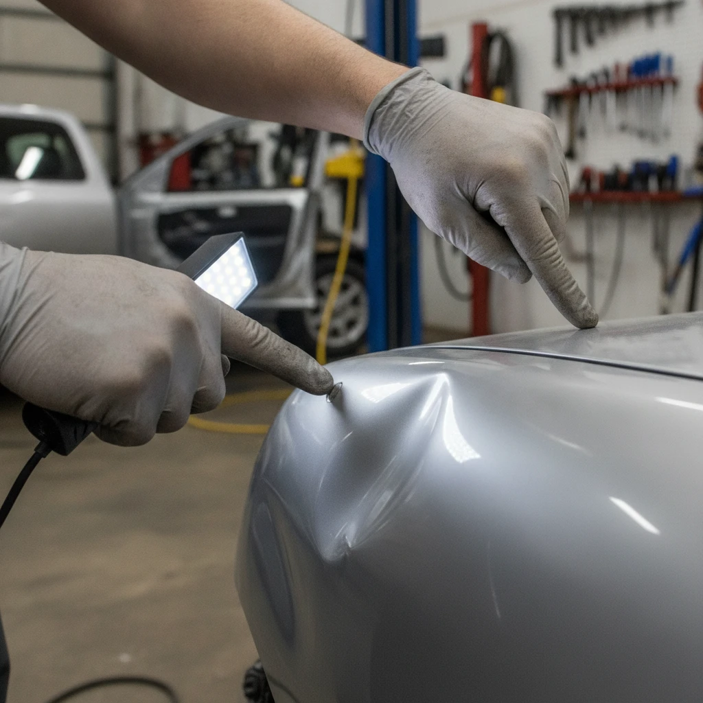 is hail damage covered by insurance Texas — repair work underway at a Houston auto body shop