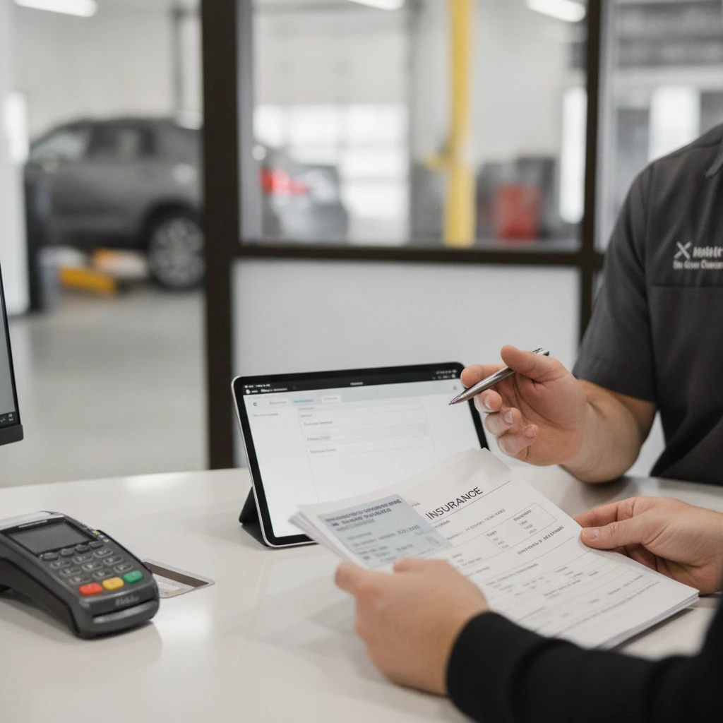 file insurance claim or pay out of pocket — repair work underway at a Houston auto body shop