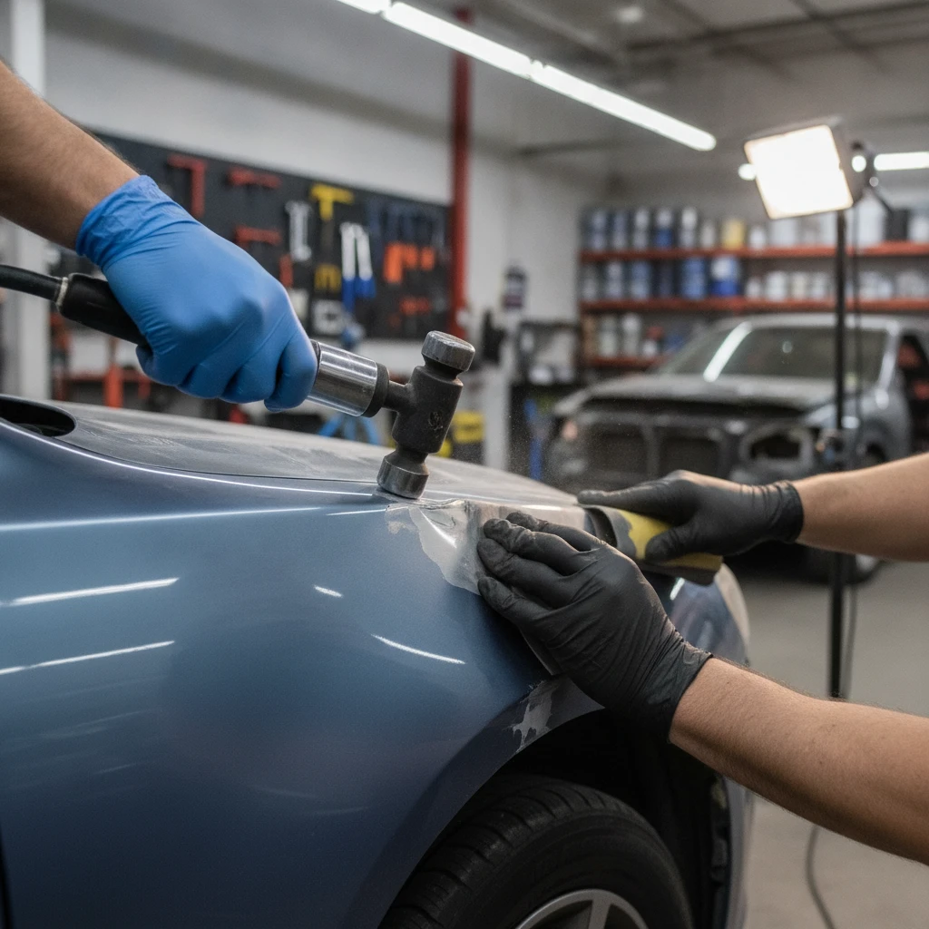 top rated collision repair shop harris county — repair work underway at a Houston auto body shop