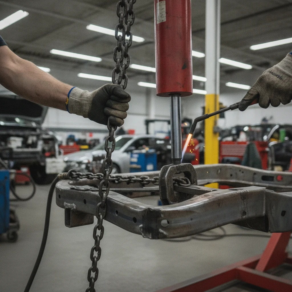 car frame straightening repair — repair work underway at a Houston auto body shop