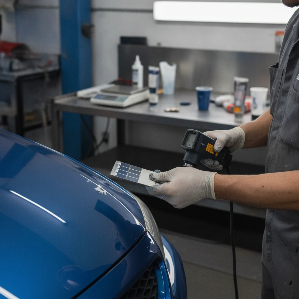 car paint color matching — repair work underway at a Houston auto body shop