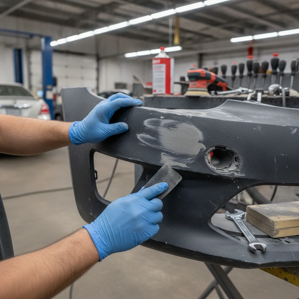 bumper repair — repair work underway at a Houston auto body shop